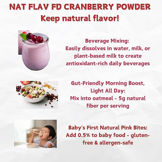 NAT FLAV Freeze Dried Cranberry Powder – 100% Natural, No Added Sugar, No Additives | 7oz | Vibrant Superfood for Smoothies, Baking & Natural Coloring