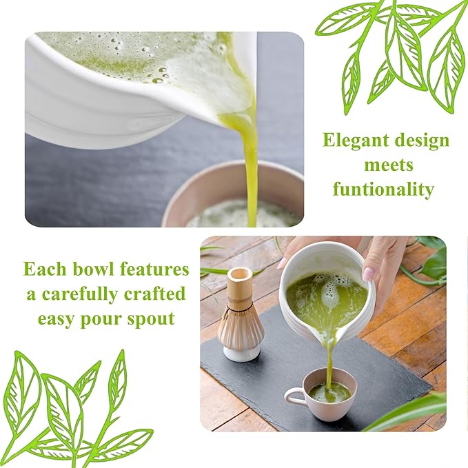 Matcha Whisk Set- Matcha Set includes Matcha Whisk and Bowl with Spout, Sifter, Holder and Scoop- The Perfect Bamboo Whisk for Matcha Tea (White)