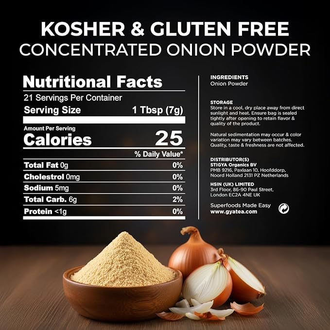 Gya Tea Co Onion Powder 0.33 lb (5.29 oz) - No Sugar Added, Non GMO, Gluten Free - Great Flavor for Milk, Baking, Drinks, Smoothies & Cakes, Vegan Friendly