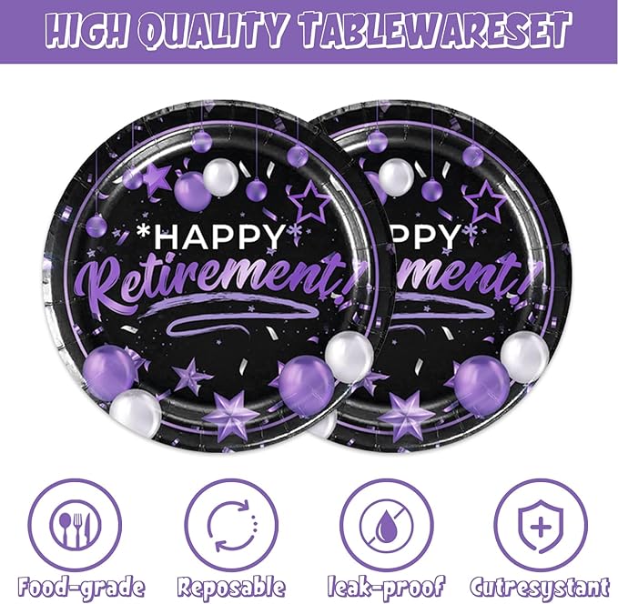 40pcs Retirement Party Decoration,include 20 dessert plate, 20 Napkin,Used for Black Purple Retirement Party Supplies