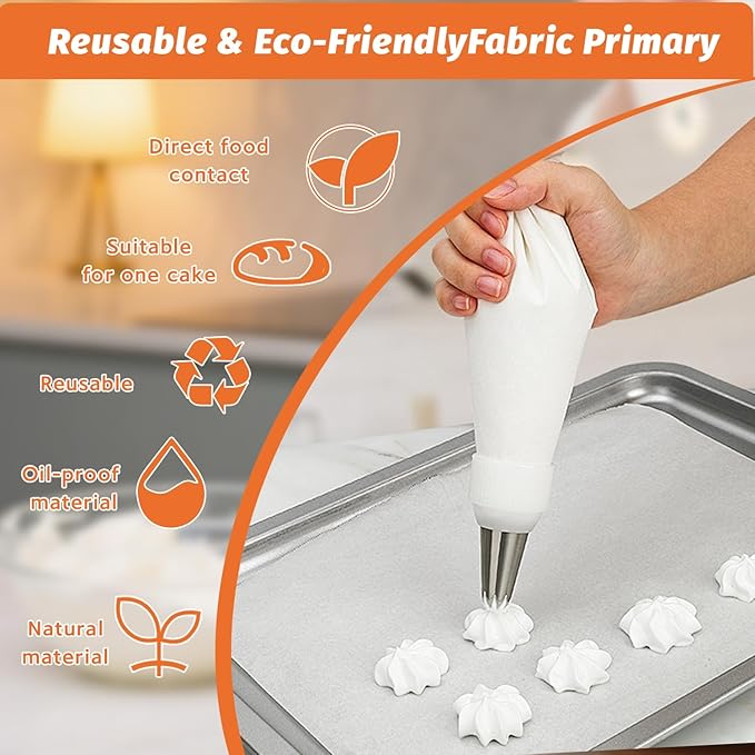 Reusable Cotton Piping Bags and Tips Set- 15pcs Frosting Piping Kit Cupcakes, Cookies | Durable Cotton Exterior, Easy to Clean, Eco-Friendly Baking Kit for Home Bakers & Chefs