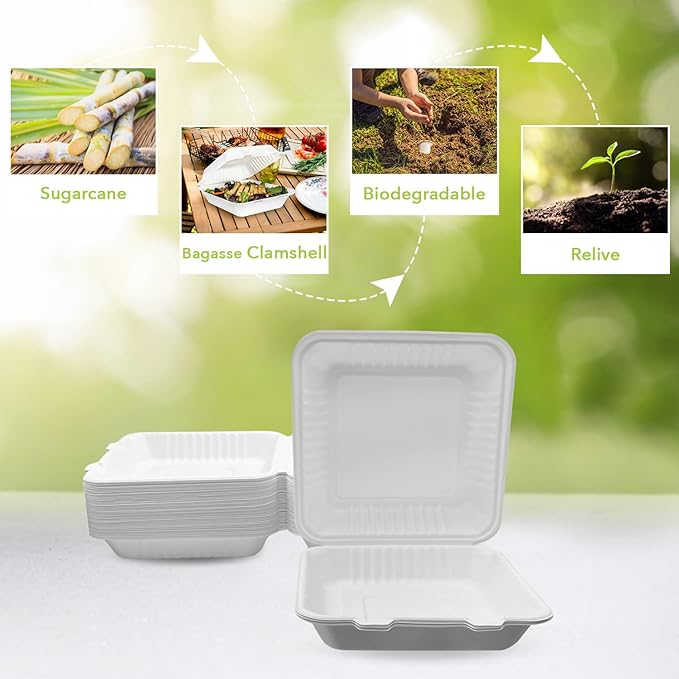 three leaf 9" X 9" 1 COMPARTMENT BAGASSE CLAMSHELL, 100 Ct. Heavy-Duty- Super Strong- Natural- Eco-Friendly Disposable Bagasse Clamshell, 100% Biodegradable 9 inch clamshell