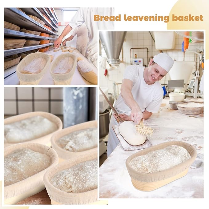 4 Pieces 10 Inch Bread Banneton Proofing Basket Oval Shape Bread Proofing Basket Rattan Oval Banneton Dough Proofing Bowls with Liners and Scatters for Home Sourdough Baking