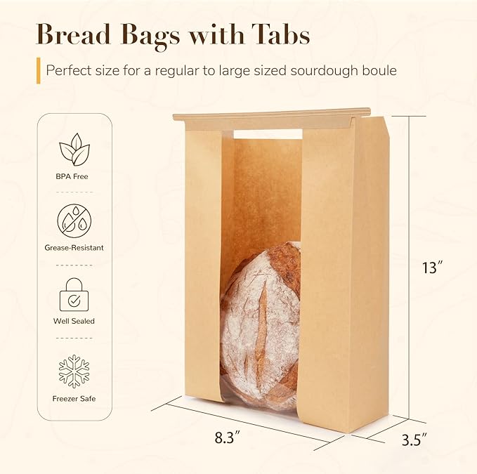 100 Pack Paper Bread Bags with Tabs for Homemade Sourdough, Large Bakery Bags with Window for Sourdough Boule, Bread Loaves, Bagels, Pastries, Baguettes (8.3x3.5×13 Inches)