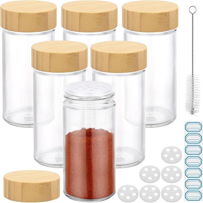 Segarty 3oz Spices Jars with Bamboo Shaker Lids, 6 Pack 90ml Round Spice Containers, Empty Glass Seasoning Organizers Spices Cereal Storage Set, Small Salt and Pepper Shakers, 7 Stickers and 1 Brush