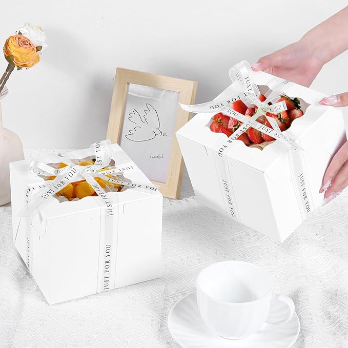 JCD 48pcs Bakery Boxes with Window,6x6x5in Small Bento Cake Box, Mini Cake Boxes sets cake within 6'' (24 Boxes & 24 Boards), Package for Pastries, Cupcakes, Birthday, Wedding(6 * 6 * 5inch/24sets)