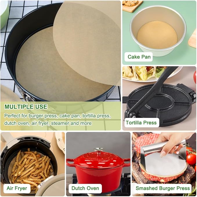 BYKITCHEN 7 Inch Parchment Paper Rounds, Set of 200, Hamburger Patty Paper/Burger Press Liners, Non Stick Round Cake Pan Liners for Smash Burger Press, Burger Patty Maker, Springform Pan and More