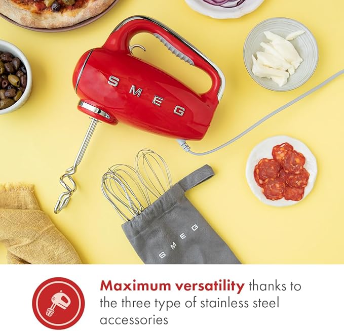 SMEG Red 50's Retro Style Electric Hand Mixer with Set of Beaters, Set of Dough Hooks and Set of Whisks
