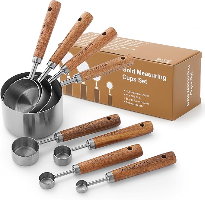 Gold Measuring Cups and Spoons Set, 8 Piece Premium Stainless Steel Measuring Cups with Wood Handles for Baking Supplies in the Kitchen (Silver)
