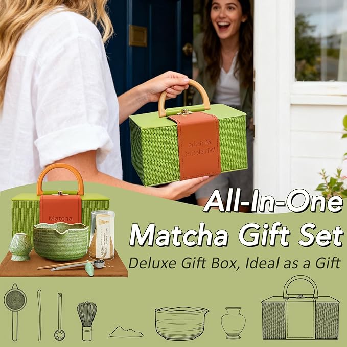 8Pcs Matcha Whisk Set, Matcha Set Includes Ceramic Matcha Bowl, Whisk and Holder, Bamboo Scoop, Scoop Rest, Sifter, Measuring Spoons and Tea Towel Tea Kit Gift Set for Women (Green)