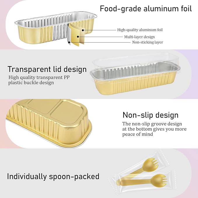 OcePor 50 Pack Mini Loaf Pans With Lids，Mini Cake Pans With Lids and Spoons，6.8oz Bread Loaf Pans Disposable，Small Aluminum Cake Tins,Baking Pans Individual (Gold)