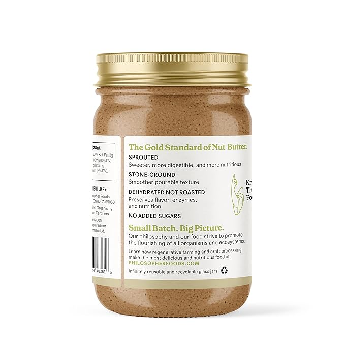 Philosopher Foods - Creamy Alchemy Organic Sprouted Almond Nut Butter - 16 oz - Stone Ground Regenerative Organic Creamy Almond Butter with Coconut Oil, Vanilla, and Ancient Seabed Salt