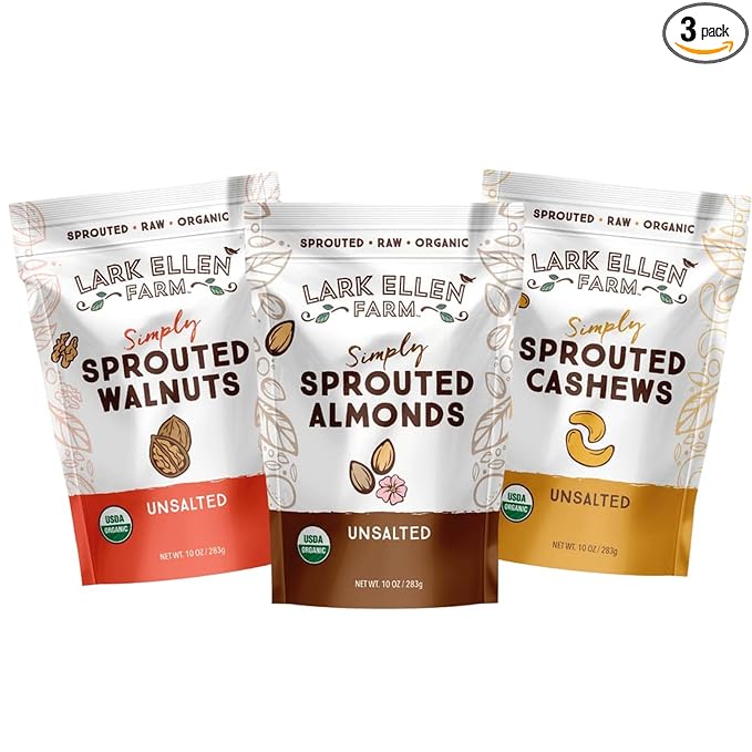 Lark Ellen Farm Sprouted Organic Nuts Variety Pack – Almonds, Walnuts & Cashews – Raw, Vegan, Gluten-Free, Non-GMO, Clean Label Snacks, (1 Bag Each, 10 oz)