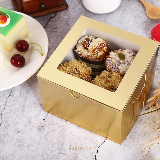 25 Gold Bakery Boxes with Window 5x5x3.5 Inches, Dessert Boxes to Go with Window, Treat Boxes for Small Bakery, Dessert, Candy, Cookies, Pastry, Party Favors, Wedding Cake