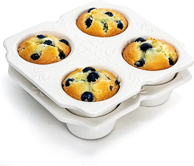 Hiceeden 2 Pack 4-Cup Ceramic Muffin Pan, Nonstick Muffin Tin with Handle, Ceramic Cupcake Baking Pans with Embossed Pattern for Muffin, Cupcake, White