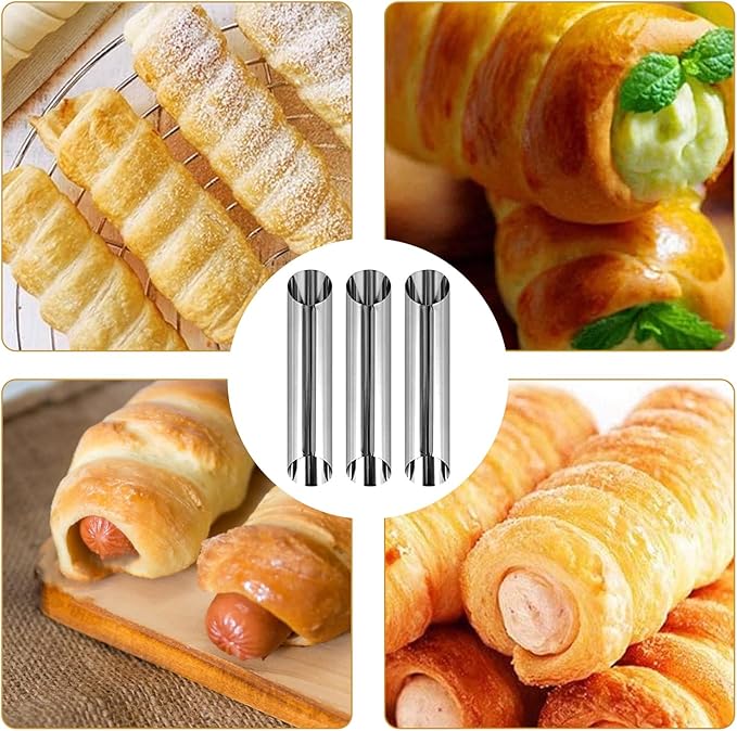 Cannoli Tubes,20PCS Stainless Steel Screw Croissant Mold with Brush, 5 inch Conical Tube Cone Roll Moulds Spiral Pastry Cream Horn Cake Bread Mold for Cannoli Tubes Croissant Baking