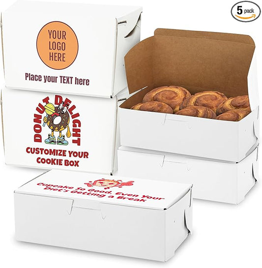 MT Products Custom Printed Bakery Boxes - 8" x 5.5" x 4" White Customizable and Cupcake Boxes with Logo (Pack of 5) - Made in USA