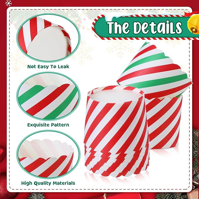 100 Pcs Christmas Cupcake Liners Bulk Red Green Baking Paper Cup Xmas Muffin Wrappers Striped Candy Pattern Baking Cup for Christmas Birthday Decoration, 2.8" x 2.4" x 2.2"