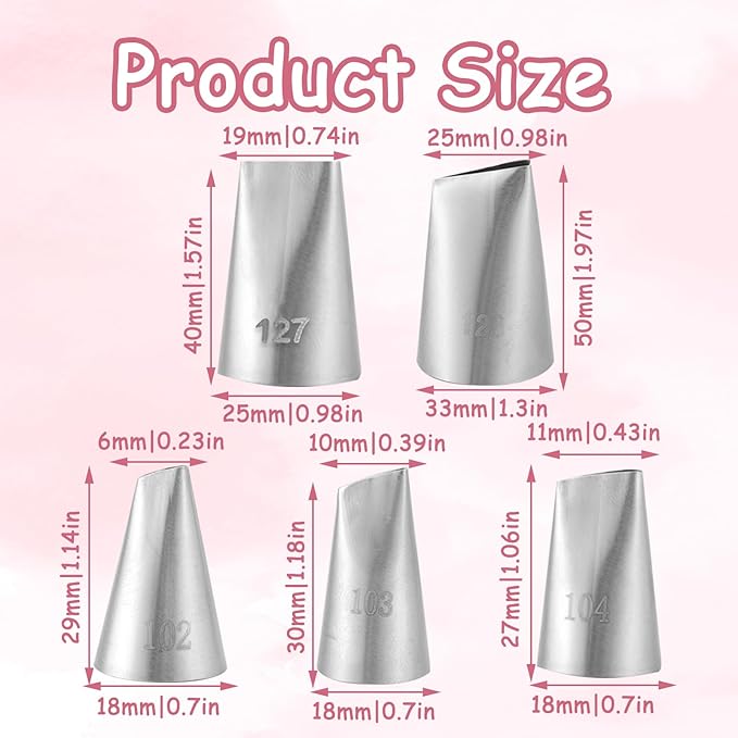 5 Pieces Flower Piping Tips, Flower Tips for Cake Decorating, 102、103、104、127、128、104 Piping Tip, Small Size Adapter for Decorating, Suitable for Cookies and Cupcakes