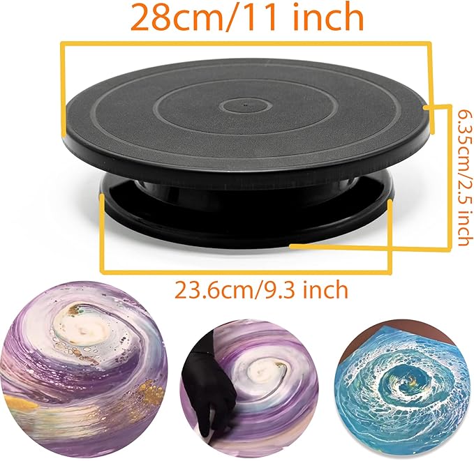 LAMXD 11”Rotate Turntable Sculpting Wheel Revolving Cake Turnable Black Painting Turn Table Stand for Paint Spraying Spinner,with Cone Canvas-Acrylic&Epoxy Pouring Paint Canvas Support Stands