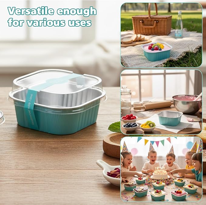 Ruckae 10oz 100 Pcs Square Mini Loaf Pans with Lids-Disposable Foil Dessert Containers,Mini Cake Pans with Lids,Aluminum Dessert Cups for Parties and Weddings (Light Blue, 10oz)