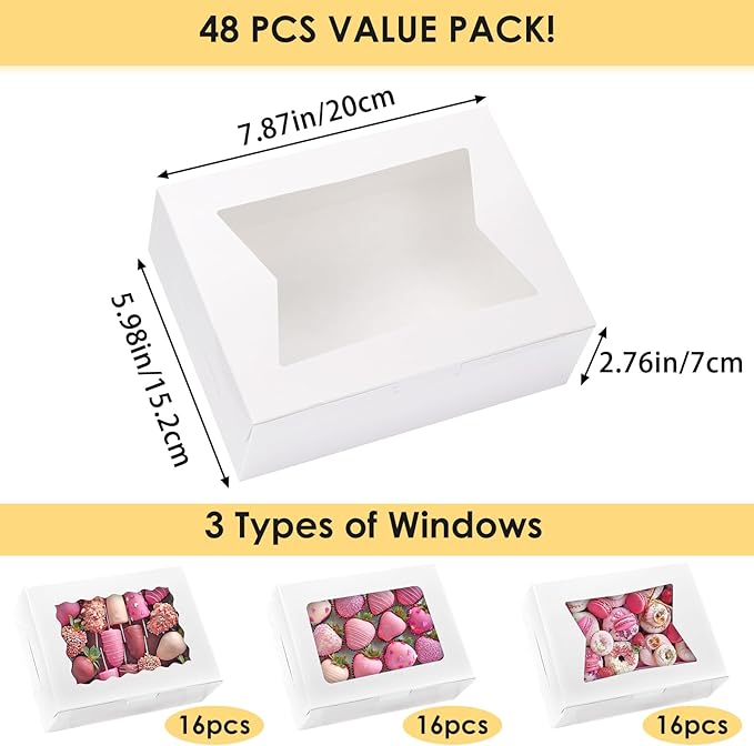 Moretoes 48pcs Cookie Boxes with Window, 8x6x2.5 Inch 3 Style Treat Boxes for Pastry, Chocolate Covered Strawberries, Candy, Muffins, Donuts