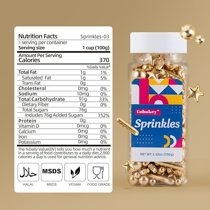 Gold Stars Sprinkles for Cake Decorating Gold Pearl Rods Sugar for Cupcake Cookies Ice Cream Toppings 3.5 Ounces Cake Decorationss Baking, Wedding, Patriotic, Christmas Party