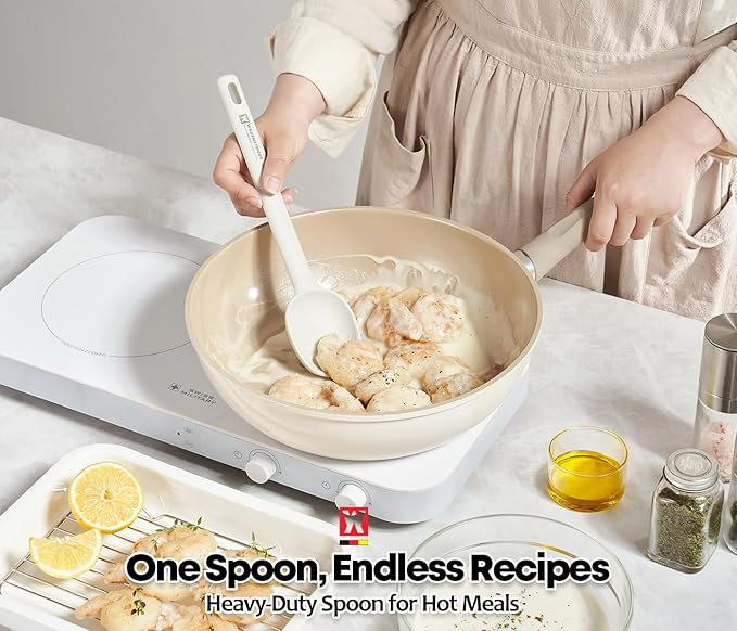 Light Gray Silicone Cooking & Serving Spoon: Cooking Utensil with Heat Resistant, Non-stick Cookware Safe, Gentle Head Design, BPA Free (11.02inch x 2.56inch Solid)