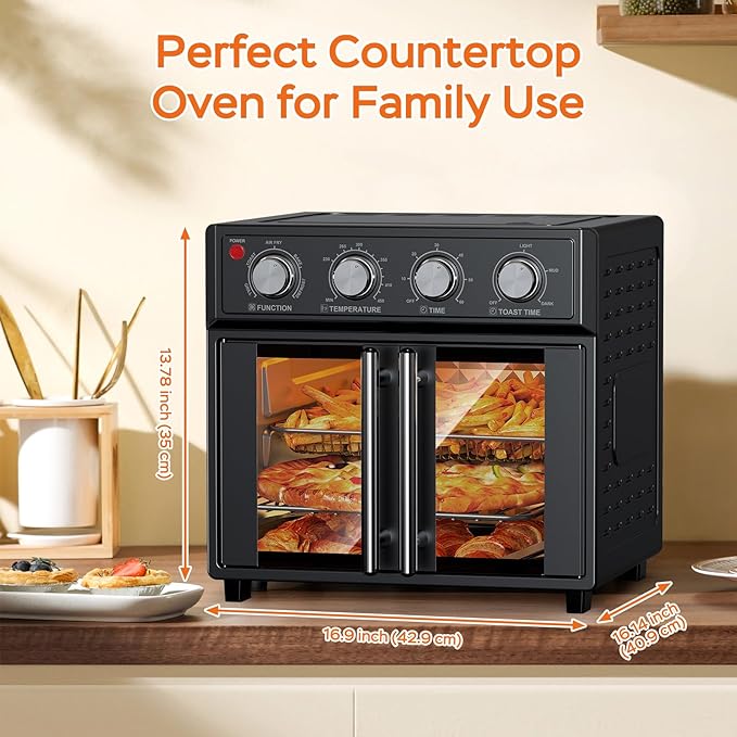 PlumChef 27.5 Quart Extra Large 6 Slices Air Fryer Convection Toaster Oven, French Door, 1700W, Multifunction Oven for Air Fryer, Toast, Grill, Defrost, Bake, Time and Temperature Controls, Black