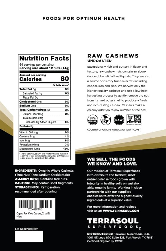 Terrasoul Superfoods Organic Raw Cashews, 6 Lbs (Pack of 3), Premium Quality for Snacking, Baking, and Culinary Creations