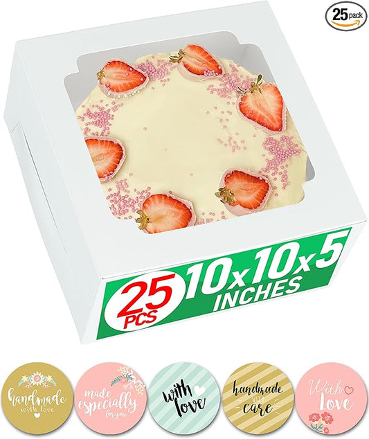 10x10x5 Bulk 25 Pcs Cake Boxes 10 Inch with Window Clear Bakery Dessert Box Square White Large Disposable Pie Boxes Package for Bake Goods Paper Pastry Packaging Donut Delivery Box (80 Pcs Stickers)