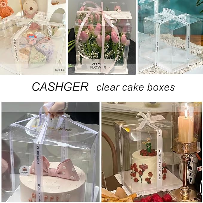 8 Pcs 10x10x12Inch Clear Cake Box with Ribbon, PET Tall Cake Boxes, Clear Gift Boxes for 8 Inch Cake, Bakery Transport Container, Transparent Display Box for Birthday Wedding Party