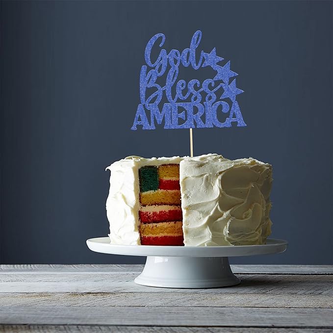 1Pc God Bless America Cake Topper Blue Glitter Independence Day Cake Decorations for USA Patriotic Happy 4th of July American National Day Party Supplies
