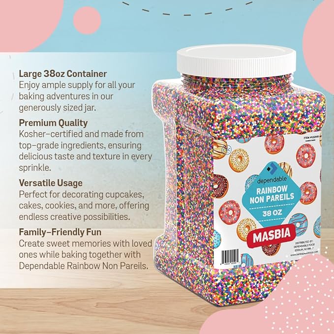 Dependable Food Rainbow Nonpareils – 38 Oz. Bulk Container - Gluten-Free, Kosher, Colorful Ball Sprinkles for Decorating, Cupcakes & More - Resealable Jar