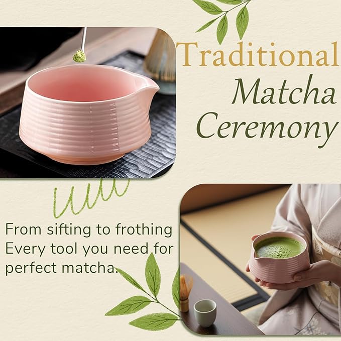 8 Pcs Matcha Whisk Set Chasen Matcha Whisk Bamboo Bowl with Spout Sifter Spoon Scoop Whisk Holder Bamboo Mat Complete Matcha Making Kit (Pink)