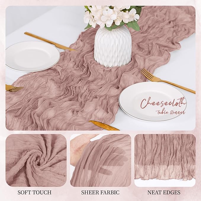 6 Pack Dusty Pink Cheesecloth Table Runner 17x108 Inch Semi Sheer Boho Gauze Cheese Cloth Fabric Table Runners, for Wedding Party Baby Shower Birthday Home Decor Garden Farmhouse