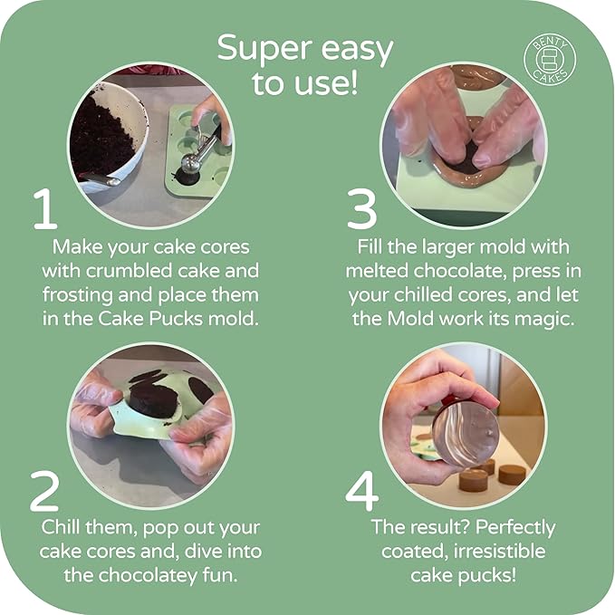 Benty Cakes – The Original CakePuck Bonus Bundle Set – Better than a Cake Pop! Make Chocolate Covered Desserts – BPA Free Silicone – Includes 1 Mold Set, 2 Trays and 2 Scrapers – Green