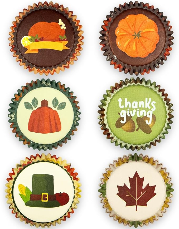 qiqee Cupcake Liners Thanksgiving Small Fall Muffin Cases No Smell, Food Grade Baking Cups Paper Pumpkin Turkey Maple (300-Count 6 Original Design)