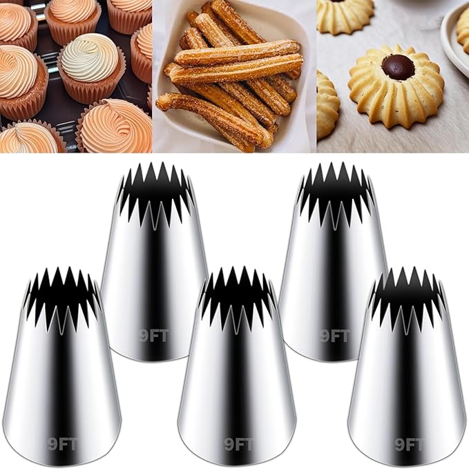 Hendiy 5 Pieces Churro Piping Tips, Stainless Steel 9FT Large Piping Tip Churro Maker Icing Tips, Pastry Tips for Cake Decorating Frosting Tip