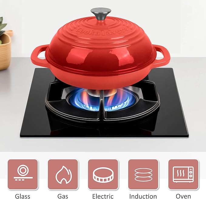 Premium Enameled Cast Iron Dutch Oven for Bread Baking | Non-Stick 5QT Oval Bread Oven with Lid | Perfect for Sourdough, Loaf, and Artisan Baking (Round Red, 5 QT)