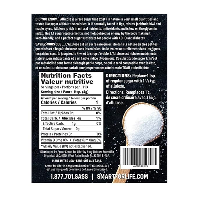 Smart for Life Allulose Sweetener - Zero Net Carbs Keto Sweetener - Low Calorie, Natural Keto Sugar Substitute - Made in the USA - 16 oz Resealable Bag