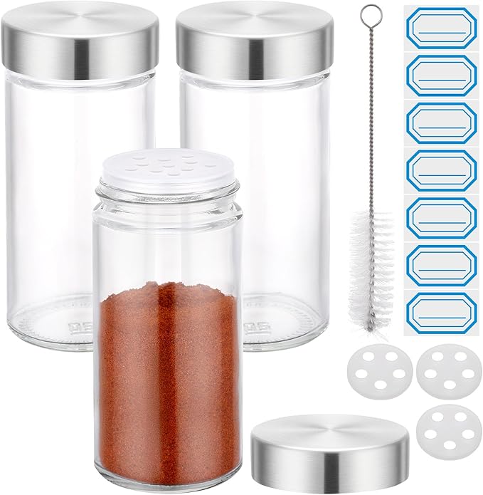 Segarty 3oz Spice Jar with Stainless Steel Shaker Lids, 3 Pack 90ml Round Spices Jars for Salt and Pepper Storage, Small Glass Seasoning Container Set, Empty Spice Shakers with 7 Stickers and 1 Brush