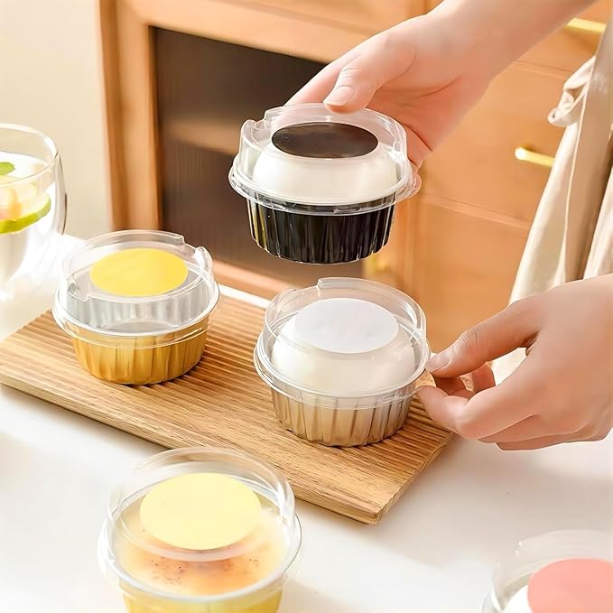 25PCS Round Mini Loaf Pans with Lids,Mini Cake Pans with Lids,Disposable Ramekins Baking Cups Muffin Tins Cupcake Cups for Wedding Birthday Party,5oz (Gold)