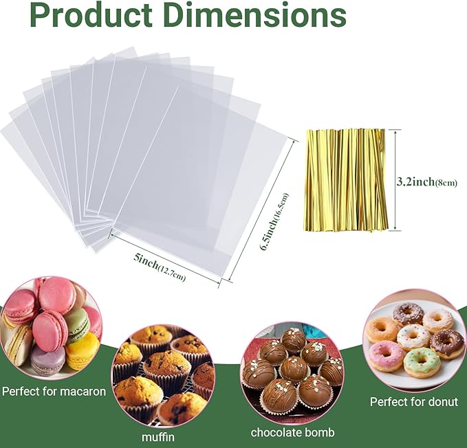 100 Pack 5"×2"x6.5" Cellophane Muffin Bags with Gold Twist Ties Pro Grade Flat Bottom Design for Cupcakes, Macarons & Chocolate Treats (Fits Cookies, Strawberries) Reusable Resealable Bakery Packaging