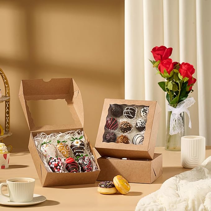 55pcs 6"x6"x2½ Brown Chocolate Covered Strawberries Boxes with Window Baking Boxes for Cookies, Cake,Macaron, Pie, Truffle Chocolate & More