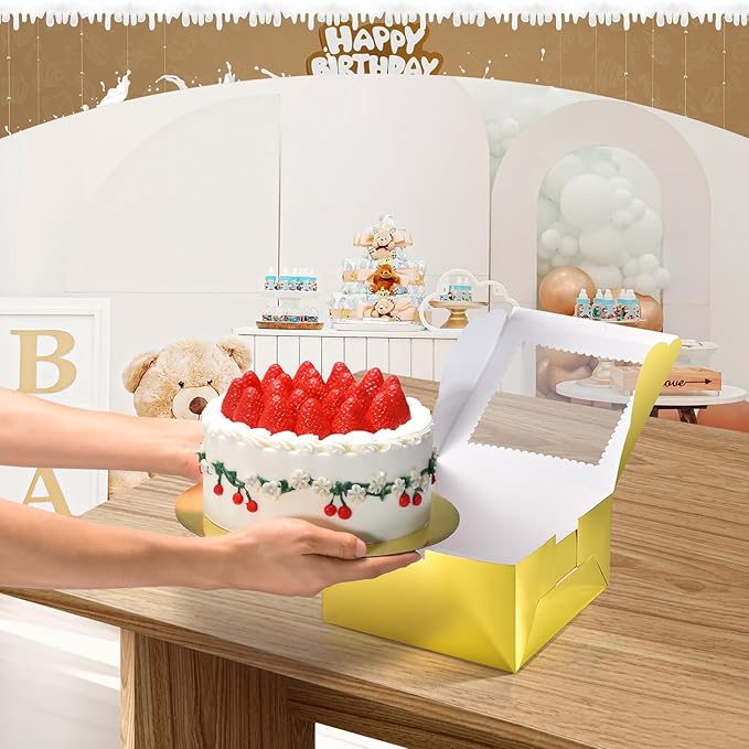 32Pcs 10 Inch Cake Boxes with Cake Boards (16Pcs Gold Cake Boxes, 16Pcs Cake Boards), 10x10x5 Inch Bakery Boxes with Window, Cake Carrier Container for Birthday Party, Wedding