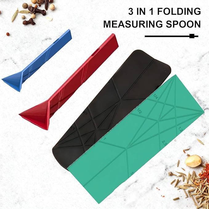 FLAT 3-IN-1 FOLDING MEASURING SPOONS | Magnetic Polygons Measuring Spoon,2 Spoons with 6 Different Sizes｜Space Saving, Nesting Design for Kitchen Storage｜Food Grade Silicone (Green)