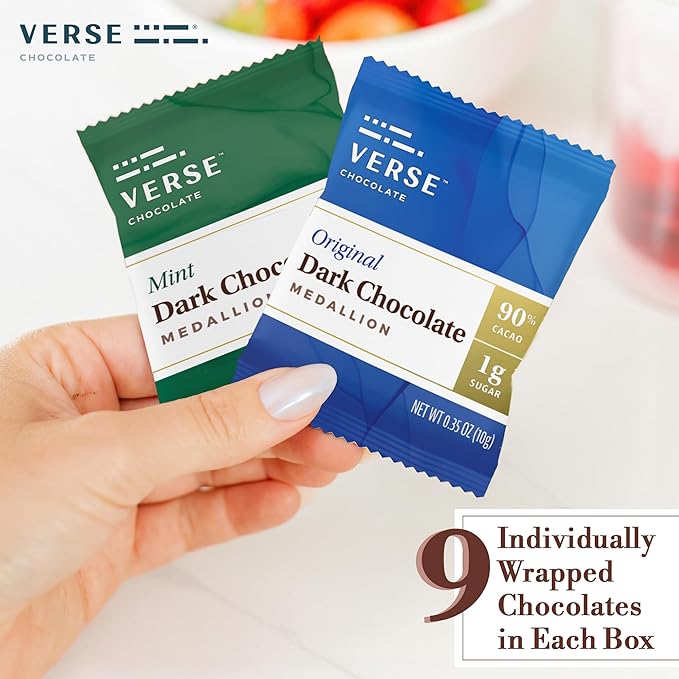 Verse 90% Dark Chocolate Squares - Only 1g Cane Sugar - Creamy Dark Cocoa - Individually Wrapped Cacao Chocolate Squares (9 Count, 2 Pack)