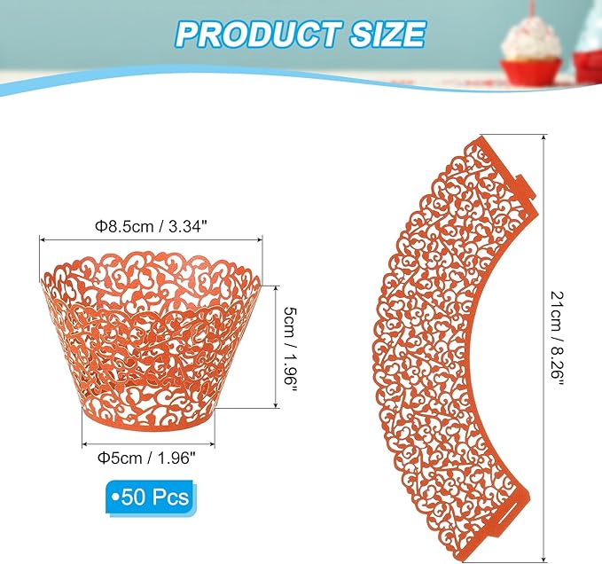 PATIKIL Cupcake Wrappers Paper, 50 Pack Baking Cups Standard Vine Decoration for Anniversary Birthday Weddings and Parties, Orange Red