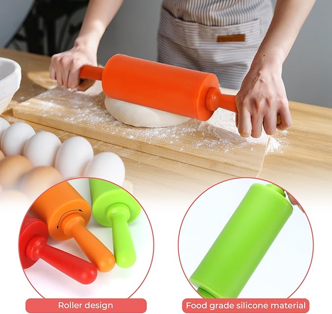 4 Pack Mini Rolling Pin for Kids, 9 Inch Plastic Handle Rolling Pin Non-Stick Silicone Rolling Pins for Children Cake Baking